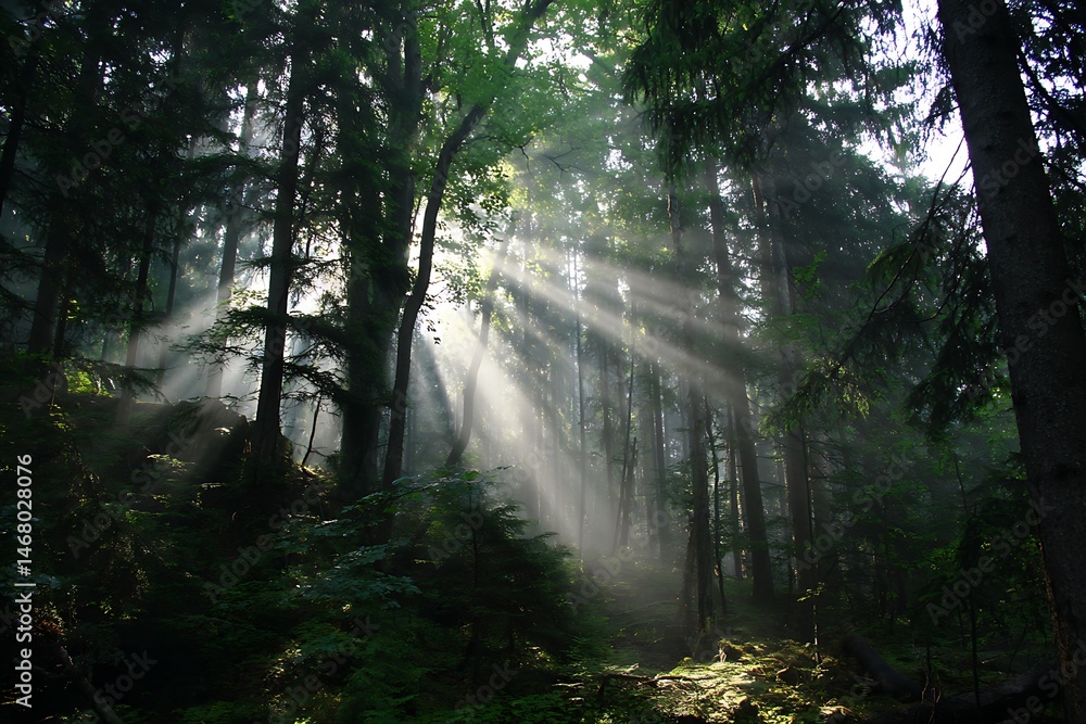 Fototapeta premium Sunny rays glowing in dark woods serene scene 