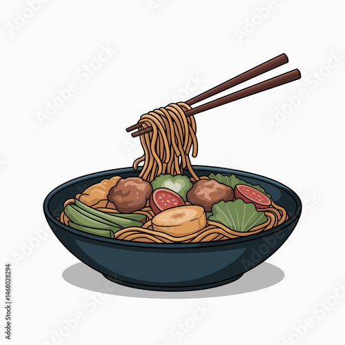 Chow Mein with Stir-Fried Noodles, Vegetables, and Tofu Illustration