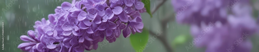 Blooming lilac branch, soft rain blurs background, delicate purple flowers glistening, floral, purple, nature Blooming lilac branch, soft rain blurs background, delicate purple flowers glistening, floral, purple, nature