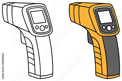 Digital thermometers with display and buttons in two versions, one yellow and one monochrome line art