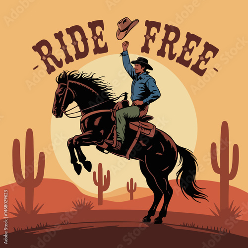 Retro Western Bucking Bronco Illustration – Cowboy in Mid-Ride with Bold Silhouettes, Desert Sunset, and Vintage Color Palette