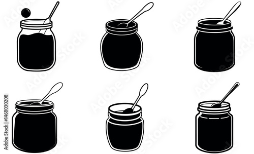 Black and White Jam Jar with Spoon Silhouette Icons Collection