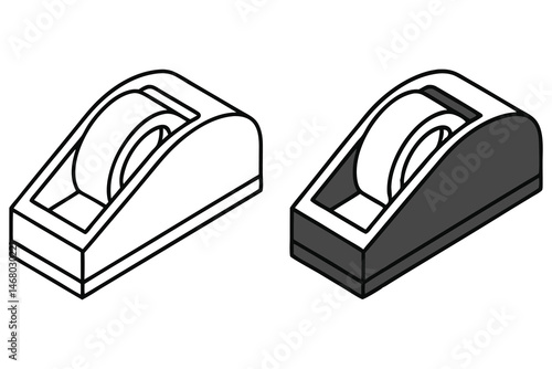 Isometric tape dispensers each displaying a roll of tape in white and gray tones