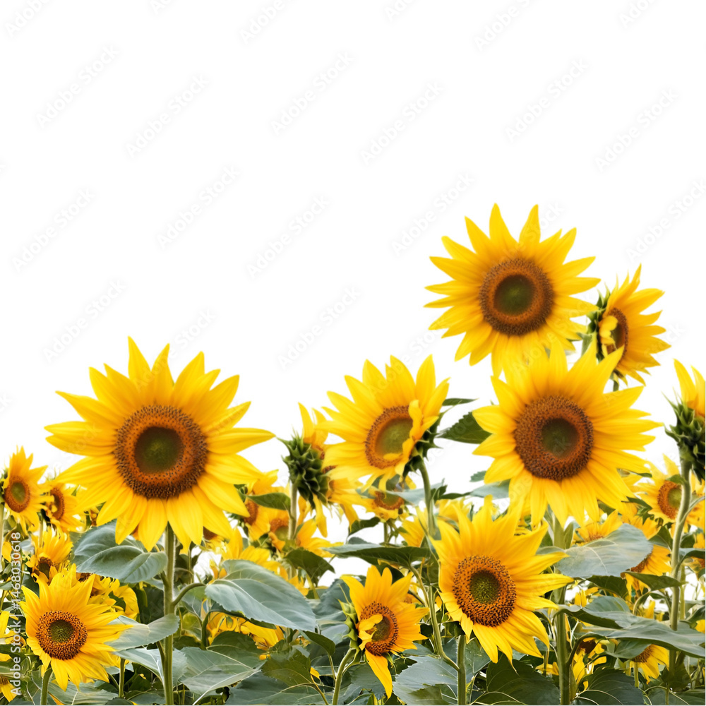 Obraz premium Bright Yellow Sunflowers in a Field Against a Black Background