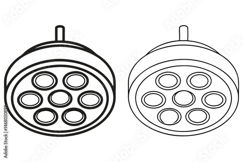 Black outline spotlight features seven circular lights on a white background with no transparency