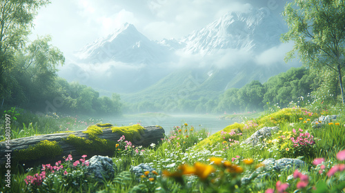3D render of an animated scene depicting the lush greenery and misty hills, with moss-covered rocks and wildflowers in full bloom