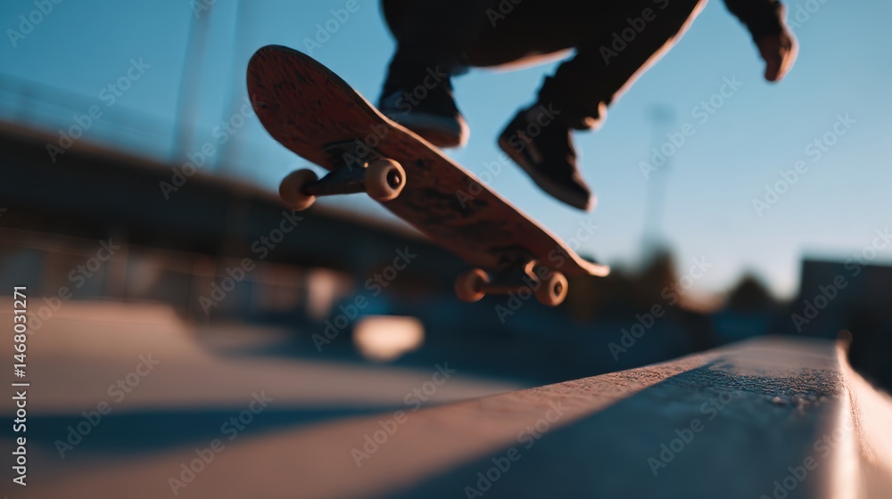 Skater Performing Trick at Sunset in Urban Skatepark Setting