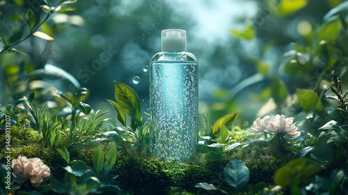 Product photography, a shampoo bottle on a grassy hill surrounded by natural ingredients in an elegant and harmonious arrangement. 