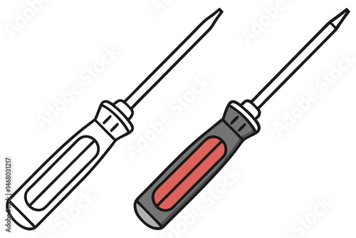 Two screwdriver depictions showcase handle contrast one is colorless outline, the other gray and red
