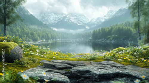 3D render of an animated scene depicting the lush greenery and misty hills, with moss-covered rocks and wildflowers in full bloom