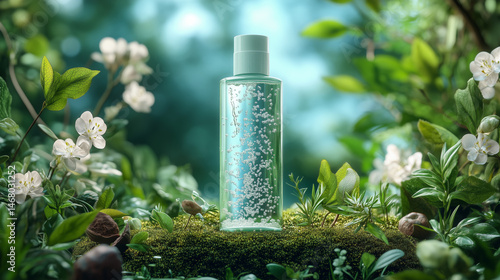 Product photography, a shampoo bottle on a grassy hill surrounded by natural ingredients in an elegant and harmonious arrangement. 