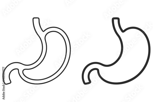 Two contrasting stomach diagrams showcase internal anatomy in outline on a white background