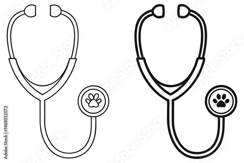 Two stethoscopes with paw prints display pet healthcare on a white background