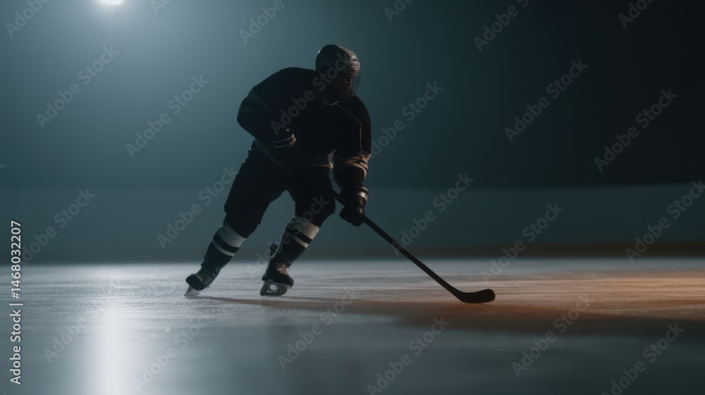 Fototapeta premium Focused Hockey Player Skating on Ice Rink Under Bright Lights Practicing Sportsmanship Skillfully