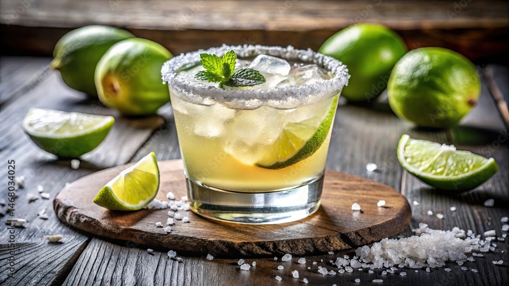 Fototapeta premium Refreshing margarita cocktail garnished with limes, mint and salt on a wooden surface