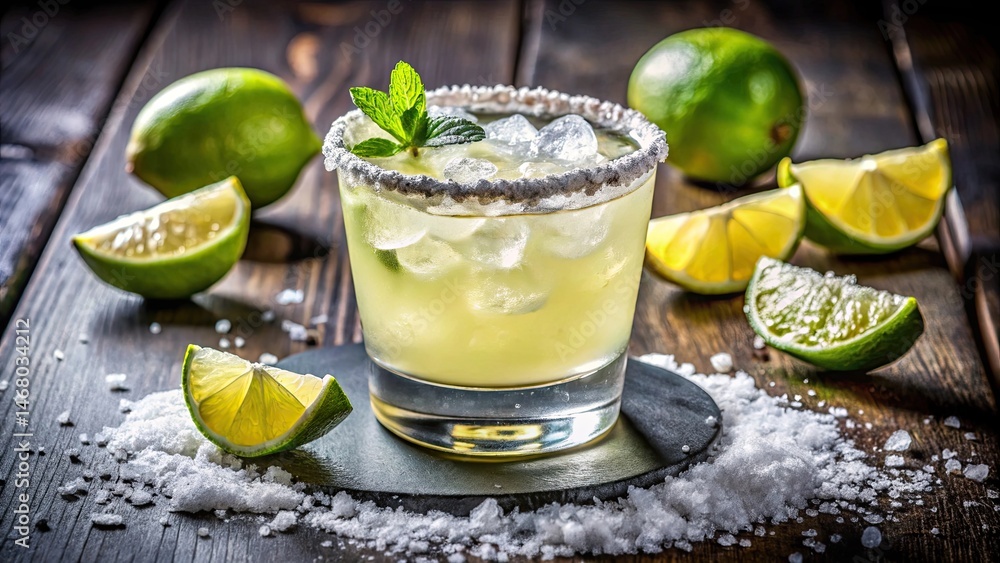Fototapeta premium Refreshing margarita cocktail with limes salt and mint on a wooden surface
