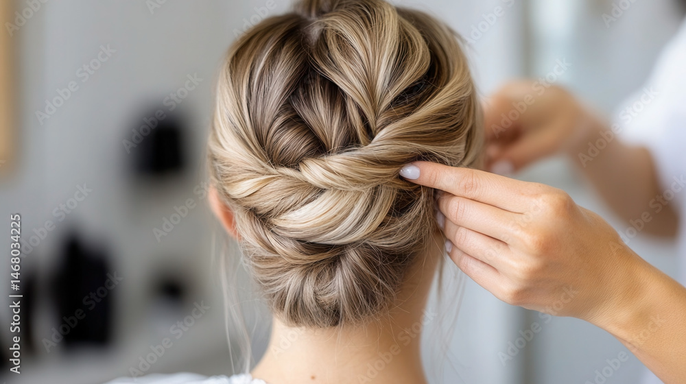 Fototapeta premium Hairstylist creates elegant wedding hairstyle for special occasion in salon setting