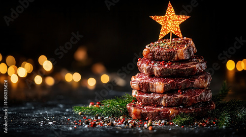 Unique Christmas tree made of stacked steaks with a star on top and festive lights in the background.banner background for text, copy space, flyer for a food store, meat products, sausages, meat