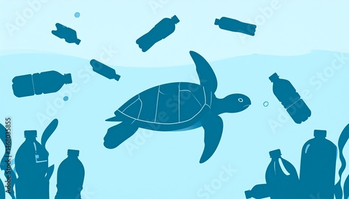 Wild ocean turtle swimming across microplastics and debris of garbage and human waste in blue ocean pictogram illustration