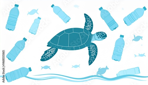 Wild ocean turtle swimming across microplastics and debris of garbage and human waste in blue ocean pictogram illustration