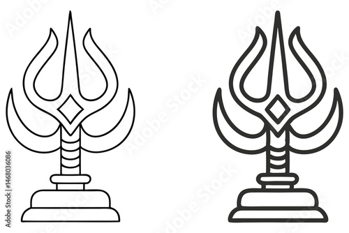 Ornate black and white trident on a stand is isolated, outlined twice here