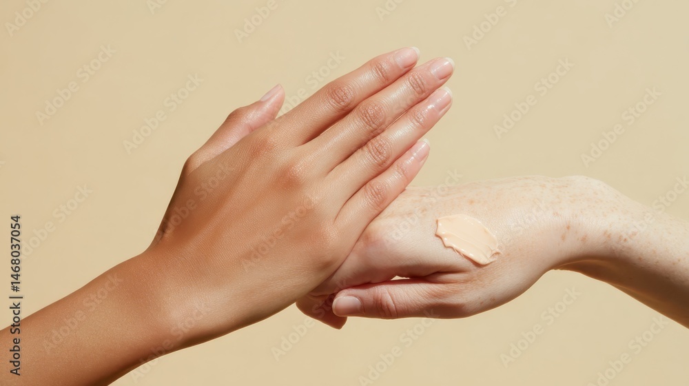 Fototapeta premium Female hands smoothing moisturizing cream onto skin, showcasing gentle skincare ritual for luminous, hydrated complexion and radiant personal wellness