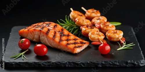 Grilled Salmon Fillet and Shrimp Skewers Served on a Black Slate Plate with Cherry Tomatoes and Rosemary - Seafood Dish, Gourmet Meal, Healthy Cuisine.