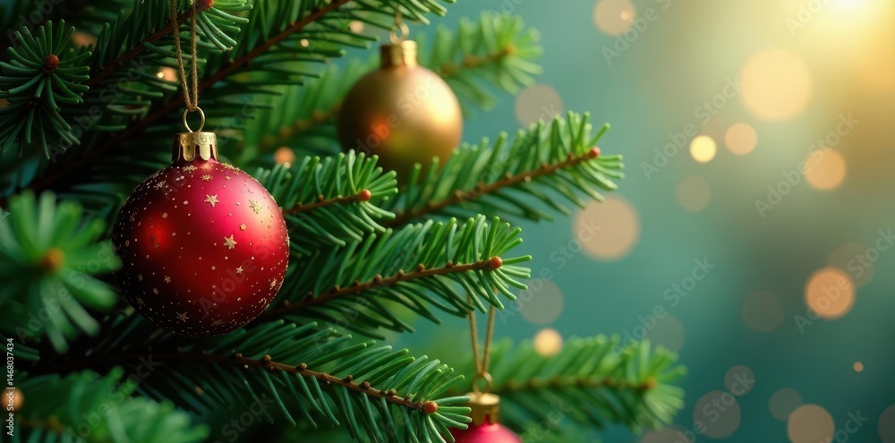 Deep green fir branch draped with shimmering red and gold baubles , detail, background, needle