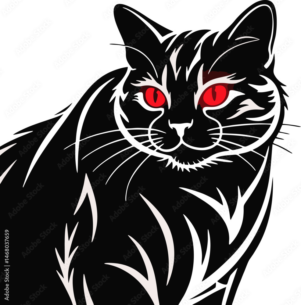 Red-eyed Black and White Cat in Cool Line Style Vector Illustration Red-eyed Black and White Cat in Cool Line Style Vector Illustration