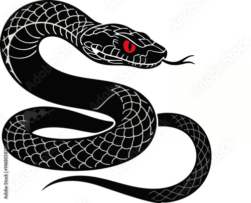 Black Vector Snake with Glowing Red Eyes in Attack Ready Position
