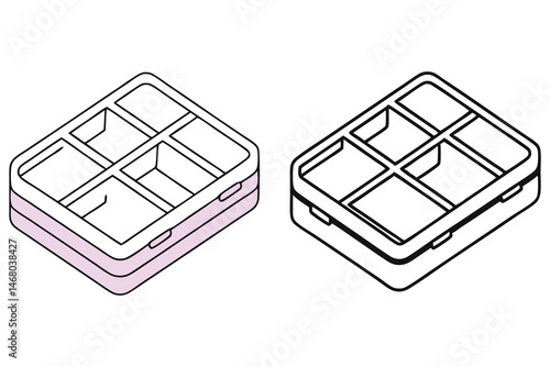 Two isometric storage boxes; one is lavender and white, and one is black and white