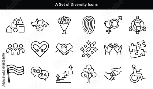 Diversity Outline Icon Set with Flowers, Puzzle, Animals, and International Signs