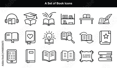 Diverse Book Icons Set Textbook, Audiobook, Feather Quill, Ereader, Linear Style