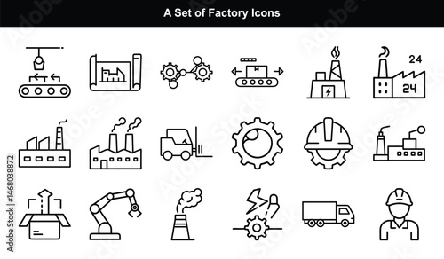 Factory Outline Icons Set Industrial Equipment Manufacturing Line Art Symbols