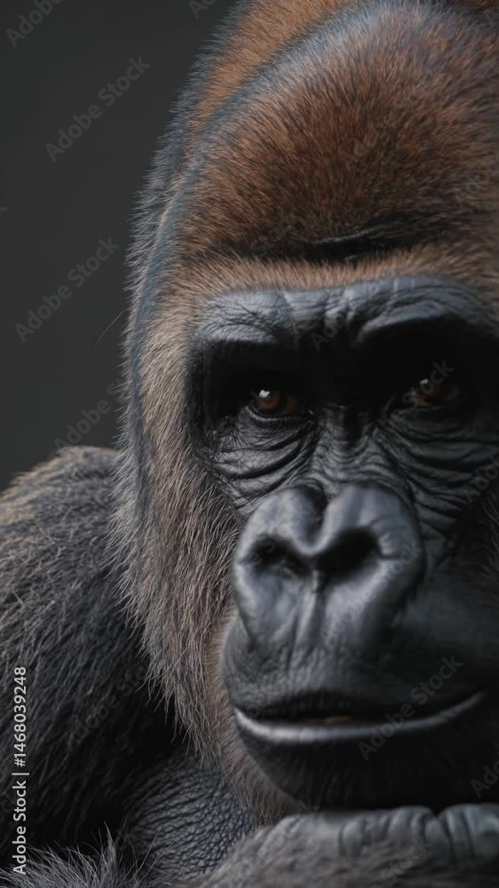 Close-up of thoughtful gorilla face with intense gaze and hand under chin
Close-up of thoughtful gorilla face with intense gaze and hand under chin