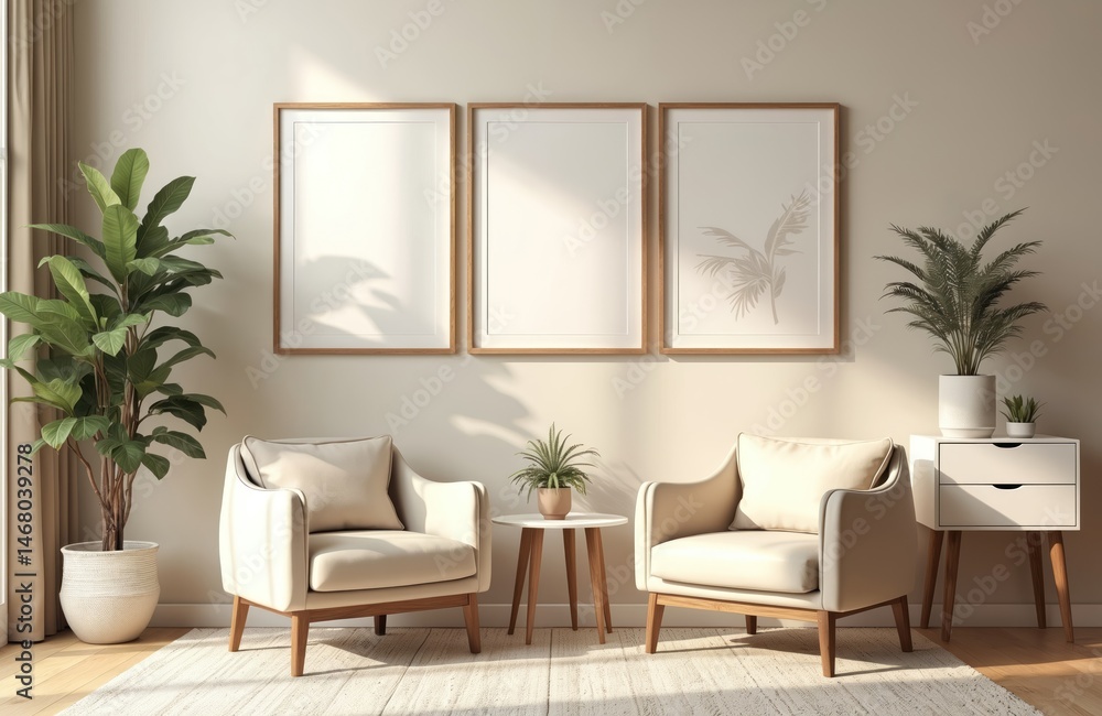 Scandinavian interior design with three blank picture frames on the wall. Modern living room with armchairs plants. Cozy home with decor elements. Light, airy space. Scandinavian interior design with three blank picture frames on the wall. Modern living room with armchairs plants. Cozy home with decor elements. Light, airy space.