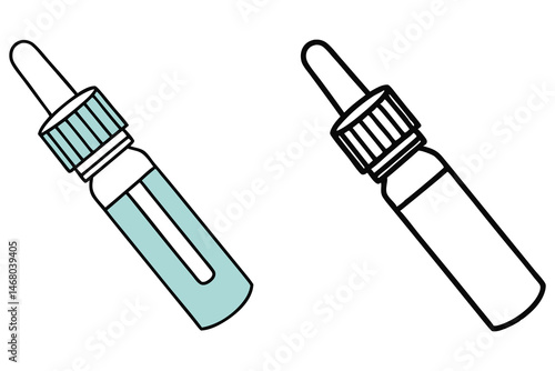 Two stylized dropper bottles feature light blue liquid and black outline details