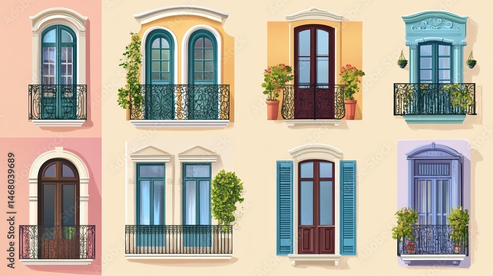 Obraz premium Set of vintage French windows and doors with a balcony, cartoon vector illustration design on a pastel background