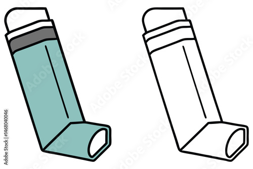 A teal inhaler displays next to a coloring book outline version on a white background