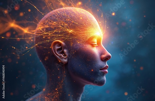 Illustration shows side profile of person with third eye open. Energetic light beams radiate from head, activating chakra. Meditation, spirituality, consciousness, enlightenment, pineal gland.