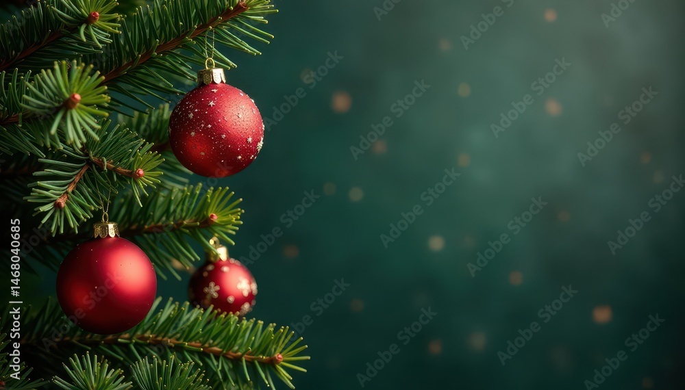 Dark green pine bough adorned with gold, red & white ornaments , branch, ornaments, bright Dark green pine bough adorned with gold, red & white ornaments , branch, ornaments, bright