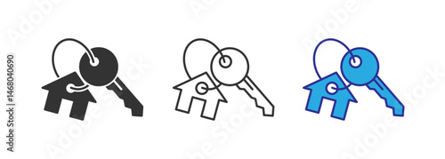 Keychain with key ring and a pendant house locket. Key chain with house locket vector icon, selling or rent home, key with house, offer new estate, buy property