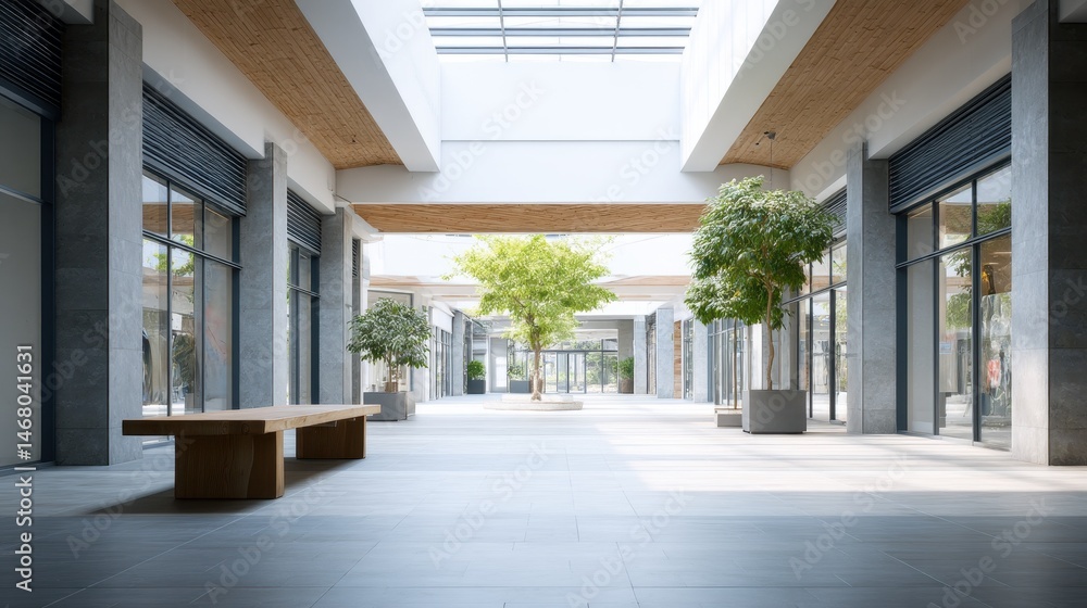 custom made wallpaper toronto digitalEmpty shopping mall corridor with modern design, bathed in soft natural light. Minimalist urban space evoking tranquility and solitude.