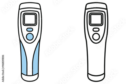 Two non contact thermometers with white bodies and a thick black outline sit side by side