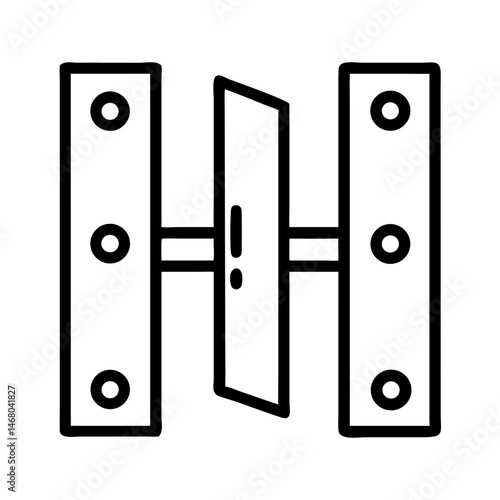 outline icon of misaligned hinge with warning mark in the middle, concept of door fitting issue or mechanical defect, black linear symbol