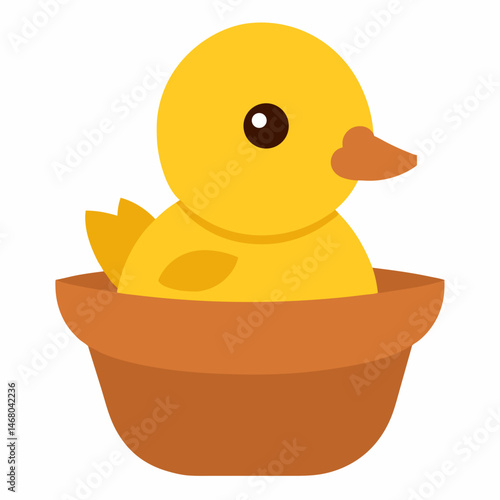 a duckling is sitting in an earthen pot on white background 