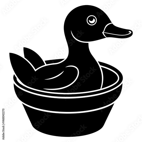 a duckling is sitting in an earthen pot on white background 