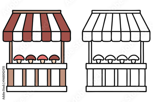 Two stylized mushroom stalls stand side by side, one in color and one outlined