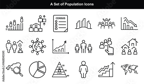 Set of Editable Black Line Icons on a Transparent Background Related to Population