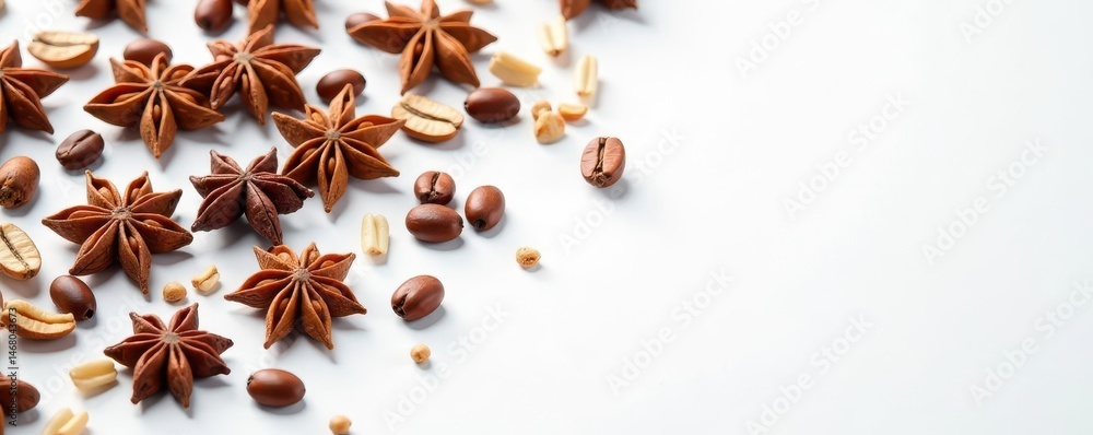 Aromatic anise stars and beans scattered on pristine white background , fragrant, winter, detail Aromatic anise stars and beans scattered on pristine white background , fragrant, winter, detail